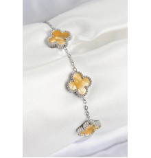 316L Çelik Sedefli Kehribar Sarı Gümüş Renk Yonca Kadın Bileklik - TJ-BB7676