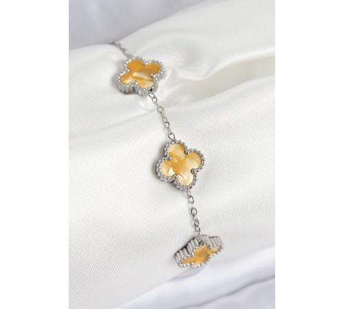 316L Çelik Sedefli Kehribar Sarı Gümüş Renk Yonca Kadın Bileklik - TJ-BB7676