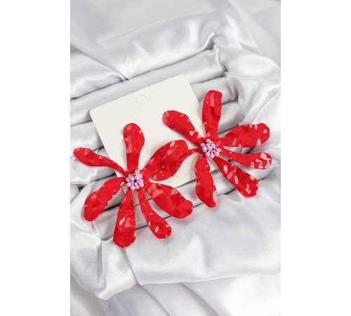 Pirinç Büyük Kırmızı Çiçek Model Kadın Küpe - TJ-BKP11058