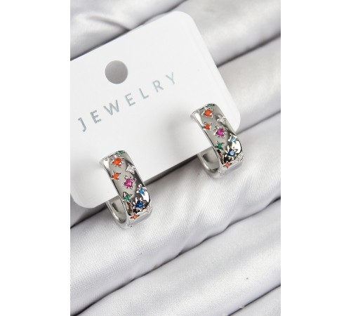 Pirinç Zirkon Taşlı Yıldız Desen Model Gümüş Renk Kadın Küpe - TJ-BKP11069