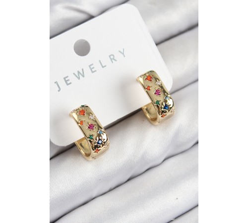 Pirinç Zirkon Taşlı Yıldız Desen Model Gold Renk Kadın Küpe - TJ-BKP11070