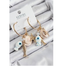 Pirinç Sallantılı Seramik Balık Ve Deniz Kabuğu Model Gold Renk Kadın Küpe - TJ-BKP11081