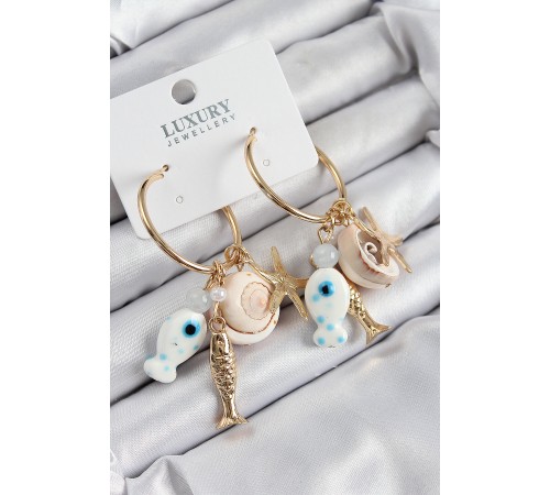 Pirinç Sallantılı Seramik Balık Ve Deniz Kabuğu Model Gold Renk Kadın Küpe - TJ-BKP11081