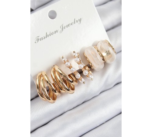 Pirinç İncili Halka Model Gold Renk Kadın Set Küpe - TJ-BKP11087