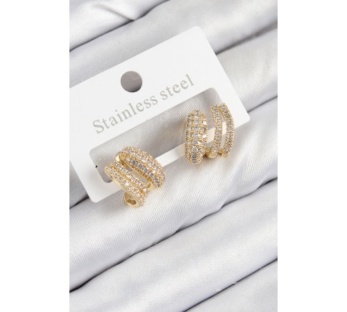 Pirinç Zirkon Taşlı Kıvrımlı Model Gold Renk Kadın Küpe - TJ-BKP11091