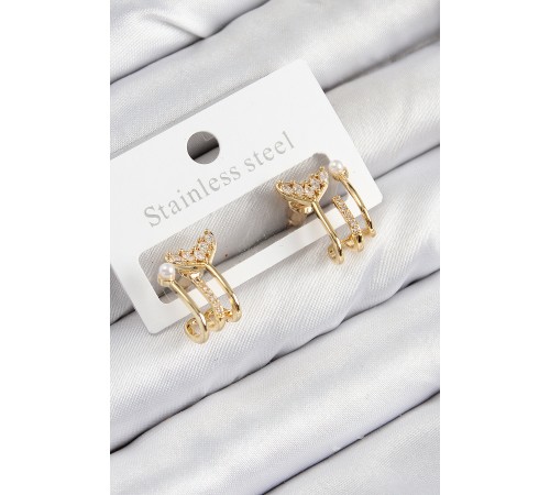 Pirinç Zirkon Taşlı İnci Detaylı Balık Kuyruğu Model Gold Renk Kadın Küpe - TJ-BKP11093