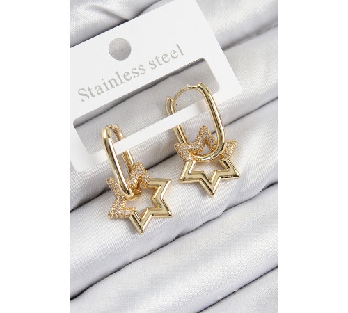 Pirinç Zirkon Taşlı Yıldız Model Gold Renk Kadın Küpe - TJ-BKP11099
