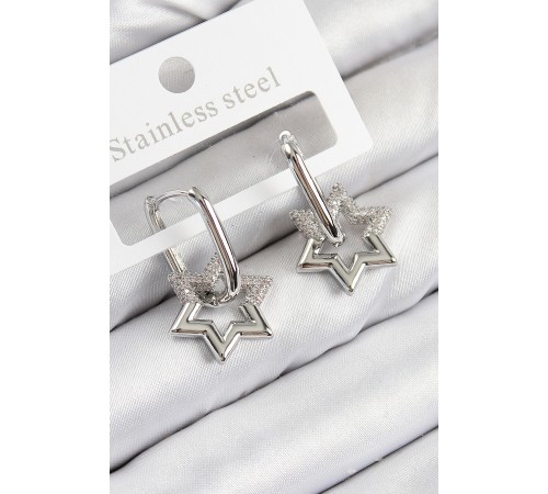 Pirinç Zirkon Taşlı Yıldız Model Gümüş Renk Kadın Küpe - TJ-BKP11100