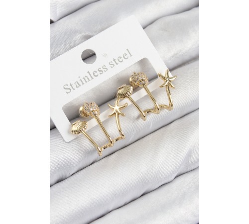 Pirinç Zirkon Taşlı Deniz Yıldızı ve İstiridye Model Gold Renk Kadın Küpe - TJ-BKP11103