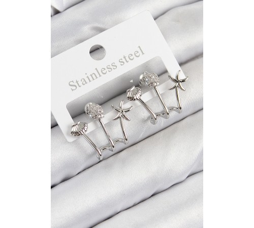 Pirinç Zirkon Taşlı Deniz Yıldızı ve İstiridye Model Gümüş Renk Kadın Küpe - TJ-BKP11104