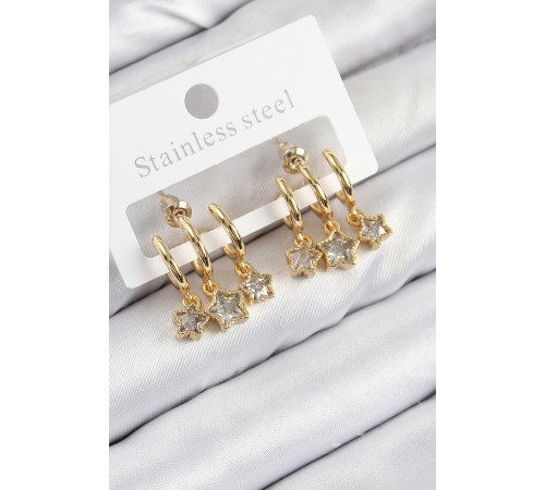 Pirinç Zirkon Taşlı Sallantılı Yıldız Model Gold Renk Kadın Küpe - TJ-BKP11105