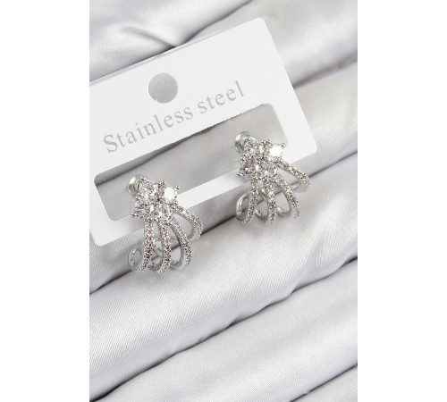 Pirinç Zirkon Taşlı Model Gümüş Renk Kadın Küpe - TJ-BKP11107