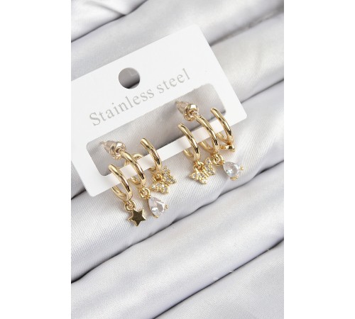 Pirinç Zirkon Taşlı Yıldız Ve Model Gold Renk Kadın Küpe - TJ-BKP11108