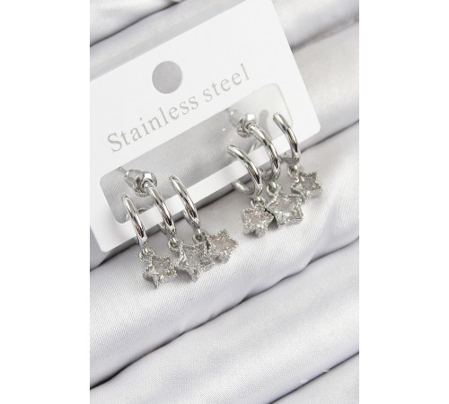 Pirinç Zirkon Taşlı Sallantılı Yıldız Model Gümüş Renk Kadın Küpe - TJ-BKP11116