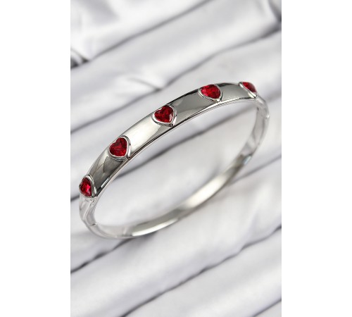 Pirinç Zirkon Taşlı Kırmızı Kalp Model Gümüş Renk Kadın Kelepçe - TJ-BB7680