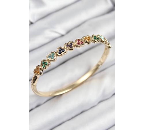 Pirinç Renkli Zirkon Taşlı Sıralı Kalp Model Gold Renk Kadın Kelepçe - TJ-BB7681