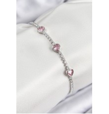 Pirinç Zirkon Taşlı Pembe Kalp Model Gümüş Renk Kadın Bileklik - TJ-BB7686