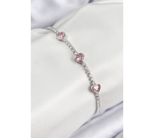 Pirinç Zirkon Taşlı Pembe Kalp Model Gümüş Renk Kadın Bileklik - TJ-BB7686