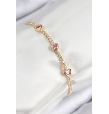 Pirinç Zirkon Taşlı Pembe Kalp Model Gold Renk Kadın Bileklik - TJ-BB7687