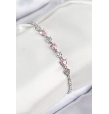 Pirinç Zirkon Taşlı Pembe Kalp Model Gümüş Renk Kadın Bileklik - TJ-BB7698