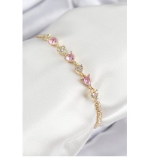 Pirinç Zirkon Taşlı Pembe Kalp Model Gold Renk Kadın Bileklik - TJ-BB7699