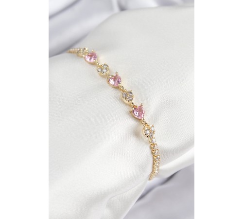 Pirinç Zirkon Taşlı Pembe Kalp Model Gold Renk Kadın Bileklik - TJ-BB7699