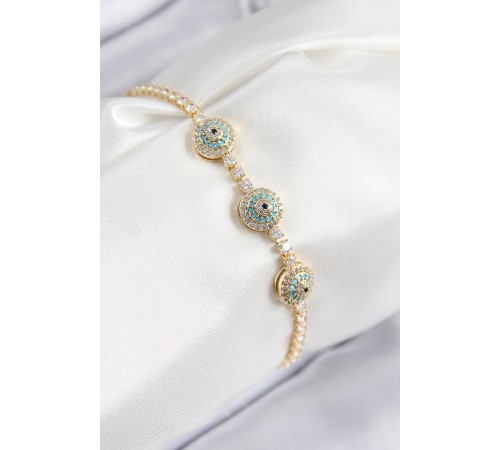 Pirinç Zirkon Taşlı Nazar Model Gold Renk Kadın Bileklik - TJ-BB7705