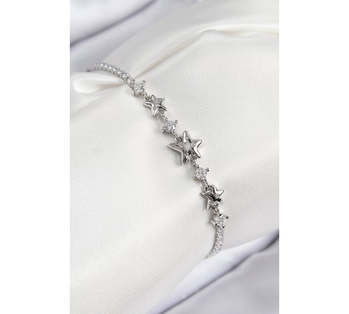 Pirinç Zirkon Taşlı Yıldız Model Gümüş Renk Kadın Bileklik - TJ-BB7706