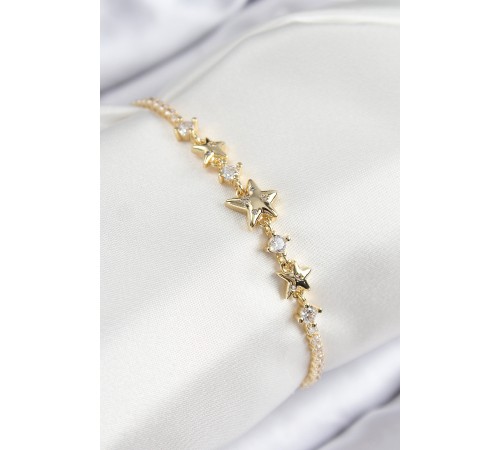 Pirinç Zirkon Taşlı Yıldız Model Gold Renk Kadın Bileklik - TJ-BB7707