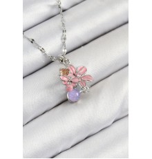 316L Çelik Zirkon Taşlı Arı Detaylı Pembe Çiçek Model Gümüş Renk Kadın Kolye - TJ-BKO10441