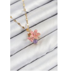 316L Çelik Zirkon Taşlı Arı Detaylı Pembe Çiçek Model Gold Renk Kadın Kolye - TJ-BKO10442