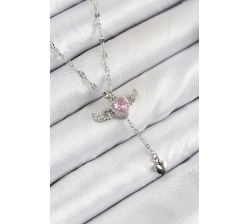 316L Çelik Zirkon Taşlı Melek Kanadı Detaylı Kalp Model Gümüş Renk Kadın Kolye - TJ-BKO10445