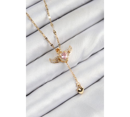 316L Çelik Zirkon Taşlı Melek Kanadı Detaylı Kalp Model Gold Renk Kadın Kolye - TJ-BKO10446