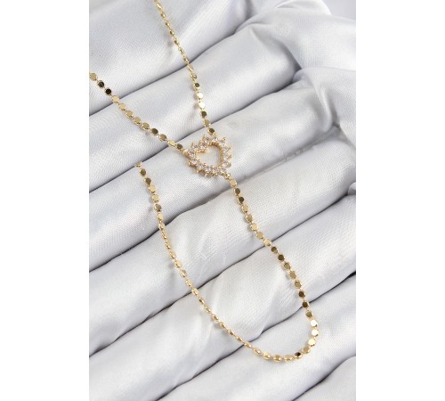 Pirinç Zirkon Taşlı Ezme Zincirli Kalp Model Gold Renk Y Kolye - TJ-BKO10461