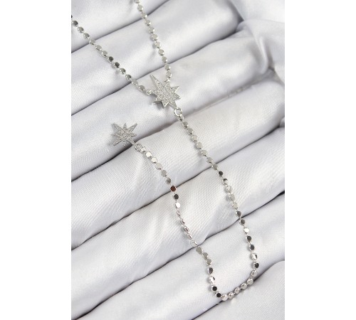 Pirinç Zirkon Taşlı Ezme Zincirli Kutup Yıldızı Model Gümüş Renk Y Kolye - TJ-BKO10462