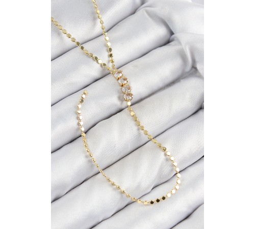 Pirinç Zirkon Taşlı Ezme Zincirli Model Gold Renk Y Kolye - TJ-BKO10465