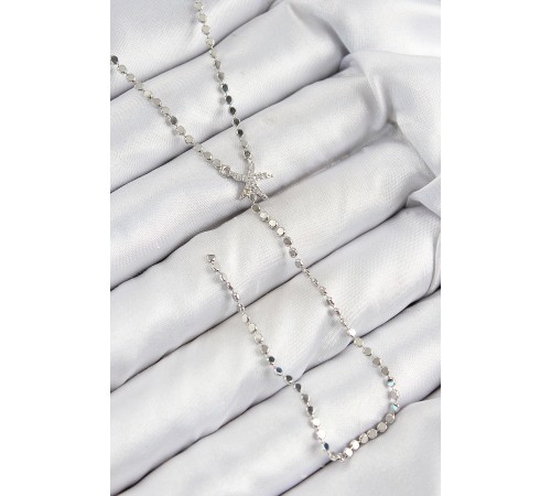 Pirinç Zirkon Taşlı Ezme Zincirli Deniz Yıldızı Model Gümüş Renk Y Kolye - TJ-BKO10466