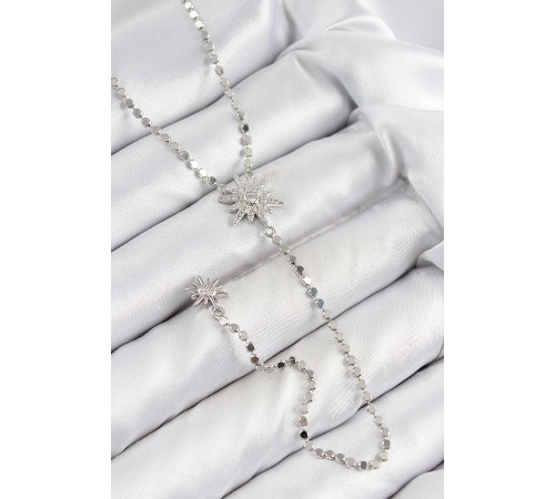 Pirinç Zirkon Taşlı Ezme Zincirli Kutup Yıldızı Model Gümüş Renk Y Kolye - TJ-BKO10468