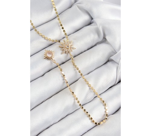 Pirinç Zirkon Taşlı Ezme Zincirli Kutup Yıldızı Model Gold Renk Y Kolye - TJ-BKO10469