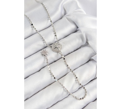 Pirinç Zirkon Taşlı Ezme Zincirli Madalyon Model Gümüş Renk Y Kolye - TJ-BKO10470