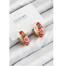 Pirinç Gold Renk Kırmızı Çiçek İşleme Mineli Kadın Küpe - TJ-BKP11118