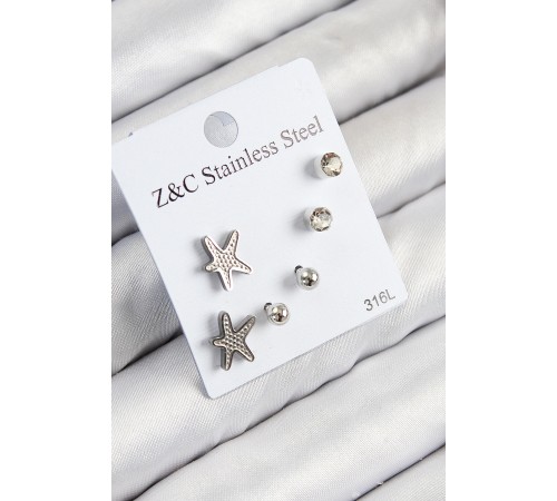 316L Çelik Zirkon Taşlı Deniz Yıldızı Model Gümüş Renk Kadın Set Küpe - TJ-BKP11119