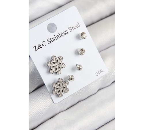 316L Çelik Zirkon Taşlı Kar Tanesi Model Gümüş Renk Kadın Set Küpe - TJ-BKP11121