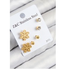 316L Çelik Zirkon Taşlı Kar Tanesi Model Gold Renk Kadın Set Küpe - TJ-BKP11122