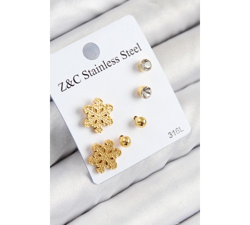 316L Çelik Zirkon Taşlı Kar Tanesi Model Gold Renk Kadın Set Küpe - TJ-BKP11122