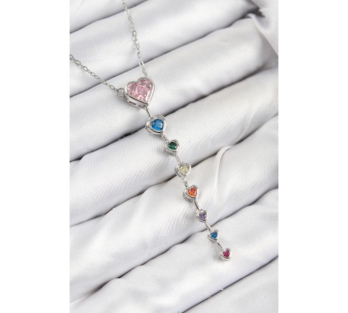 Pirinç Renkli Zirkon Taşlı Kalp Model Gümüş Renk Kadın Y Kolye - TJ-BKO10472