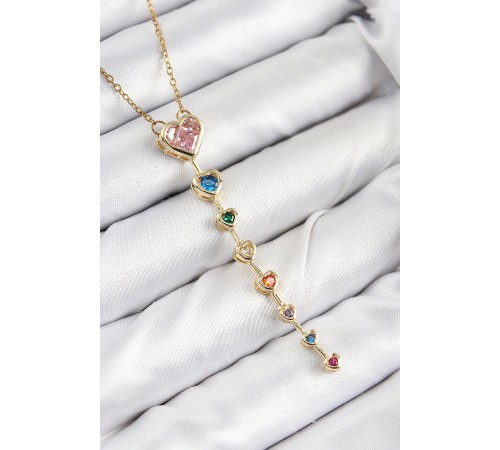 Pirinç Renkli Zirkon Taşlı Kalp Model Gold Renk Kadın Y Kolye - TJ-BKO10473