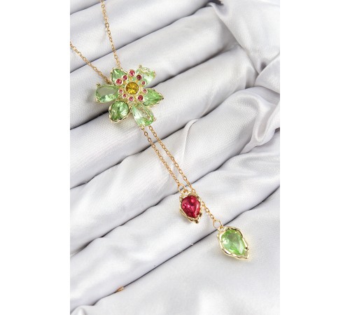 VIP Pirinç Zirkon Taşlı Çiçek Model Gold Renk Asansörlü Kadın Kolye - TJ-BKO10474