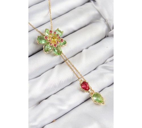 VIP Pirinç Zirkon Taşlı Çiçek Model Gold Renk Asansörlü Kadın Kolye - TJ-BKO10477
