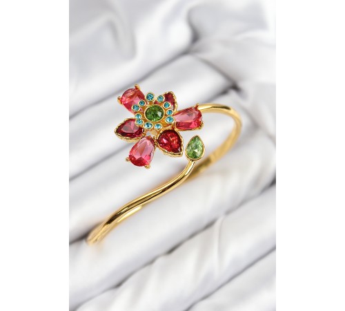 VIP Pirinç Zirkon Taşlı Çiçek Model Gold Renk Kadın Bileklik - TJ-BB7711